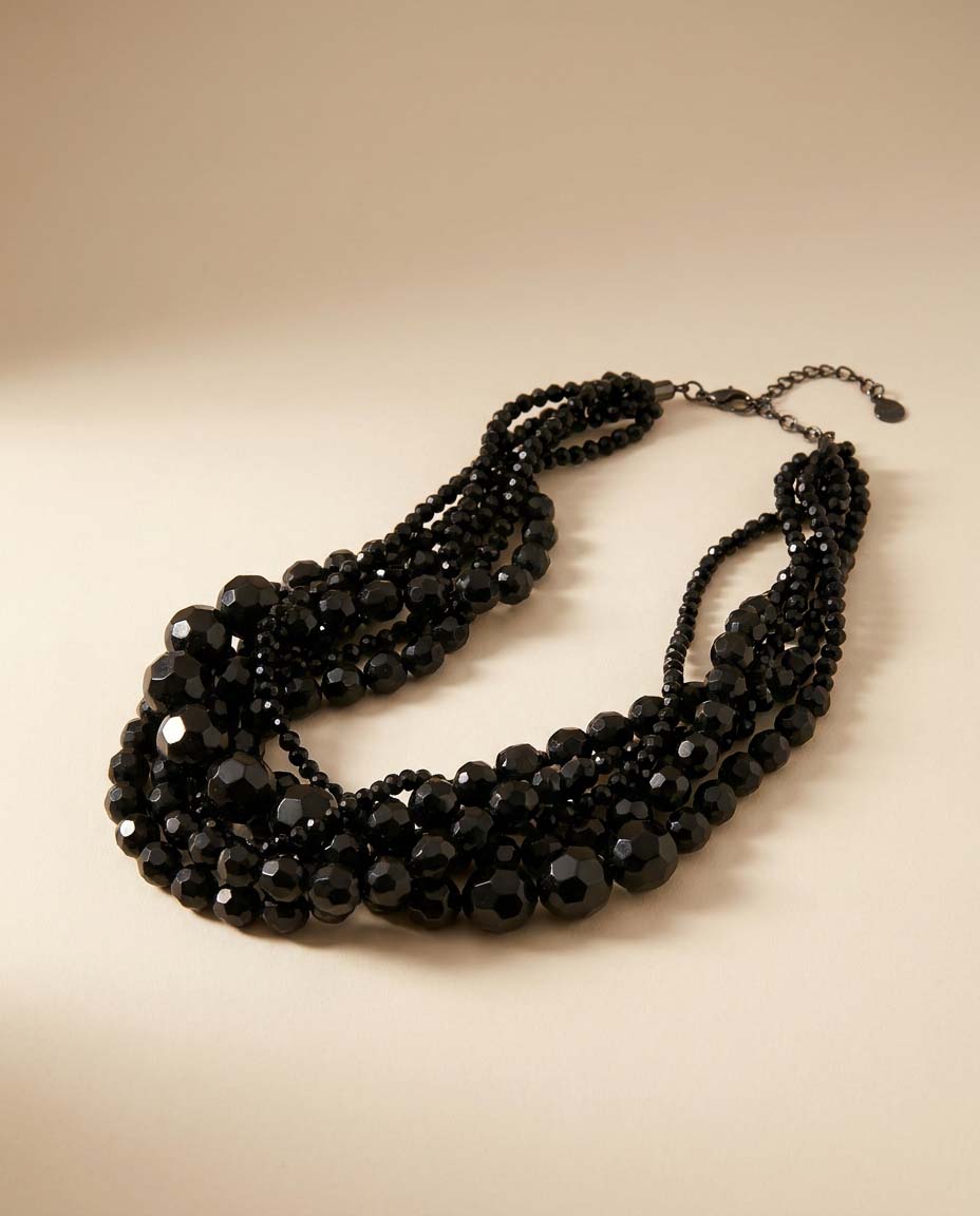 Vintage Black Faceted Bead Necklace | Multi Strand Statement Necklace | Layered Bib Necklace | Bold Vintage Costume Jewelry