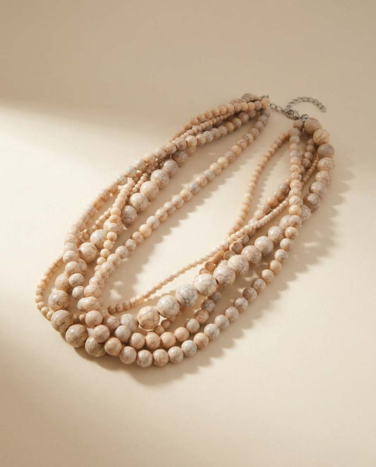 Vintage Five Strand Marbled Beige Beaded Necklace | Neutral Statement Necklace | 1980s Layered Acrylic Bead Jewelry
