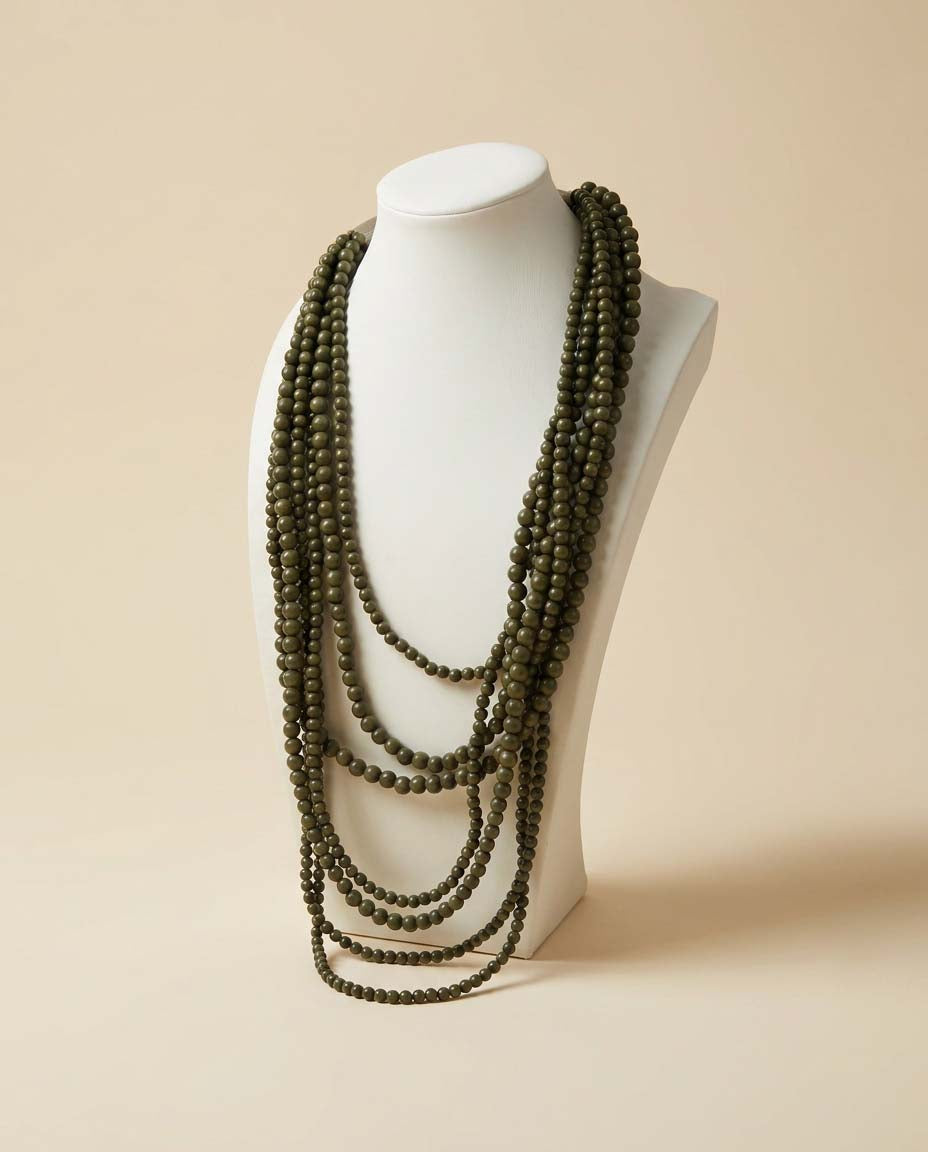 Vintage Olive Green Beaded Necklace | Multi Strand Statement Necklace | Layered Olive Beads | Boho Vintage Jewelry