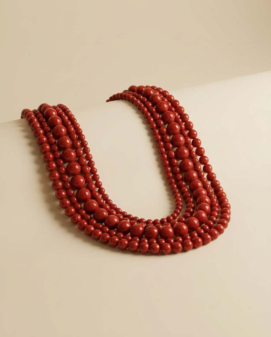 Vintage Five Strand Red Beaded Necklace | Cherry Red Statement Necklace | Layered Acrylic Bead Costume Jewelry | 1980s Necklace