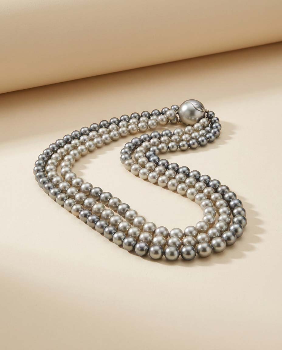 Vintage Gray Faux Pearl Necklace | Triple Strand Silver Pearl Statement Necklace | Layered Pearl Jewelry | Classic Vintage Necklace