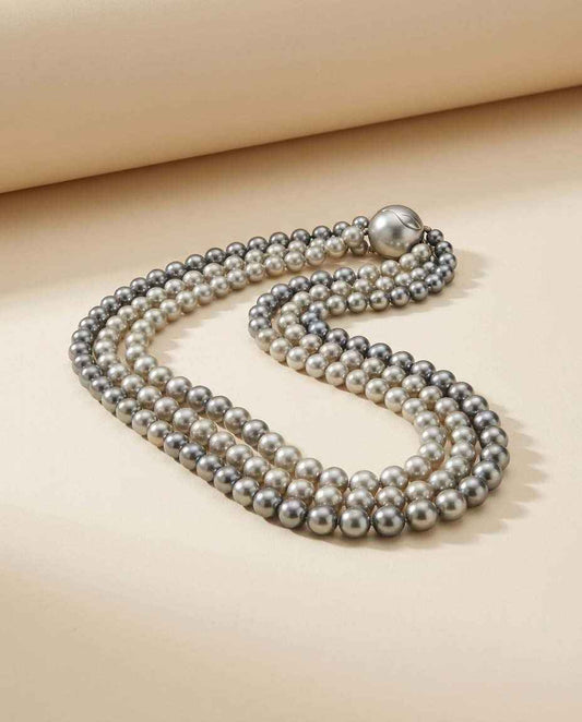 Vintage Gray Faux Pearl Necklace | Triple Strand Silver Pearl Statement Necklace | Layered Pearl Jewelry | Classic Vintage Necklace