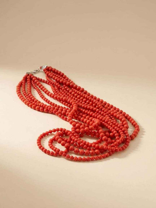 Vintage Coral Red Multi Strand Bead Necklace | Layered Graduated Statement Necklace | Bold Red Costume Jewelry | Boho Necklace
