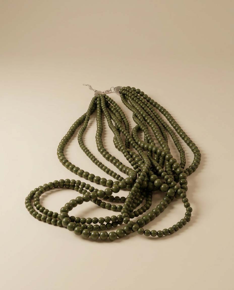 Vintage Olive Green Beaded Necklace | Multi Strand Statement Necklace | Layered Olive Beads | Boho Vintage Jewelry