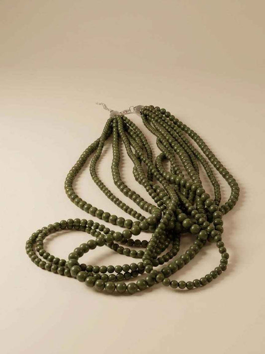 Vintage Olive Green Beaded Necklace | Multi Strand Statement Necklace | Layered Olive Beads | Boho Vintage Jewelry