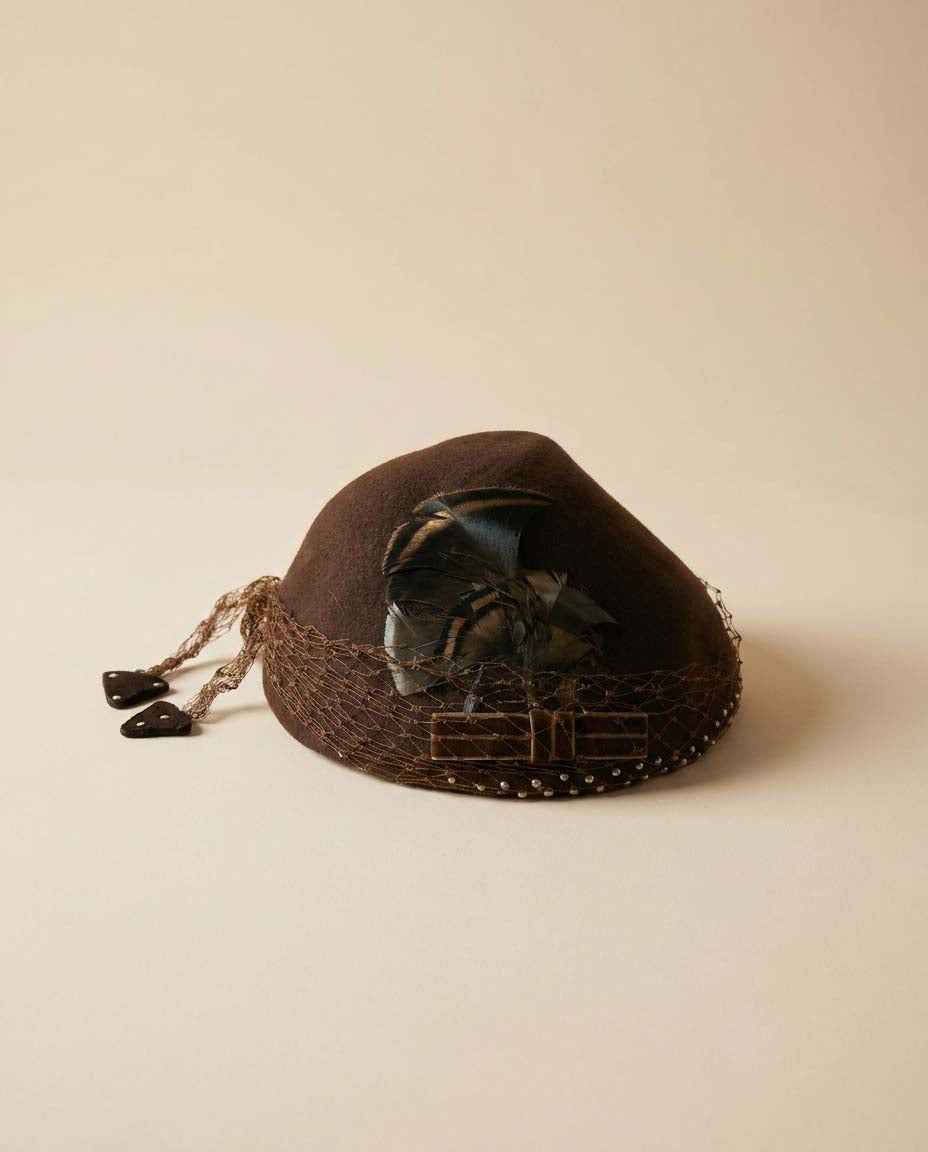 1950s Brown Felt Hat, Vintage Veiled Cocktail Hat, Brown Feather Hat, Studded Veil Hat, Women's Vintage Half Hat