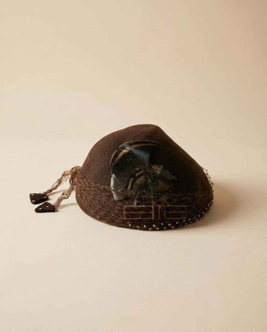 1950s Brown Felt Hat, Vintage Veiled Cocktail Hat, Brown Feather Hat, Studded Veil Hat, Women's Vintage Half Hat