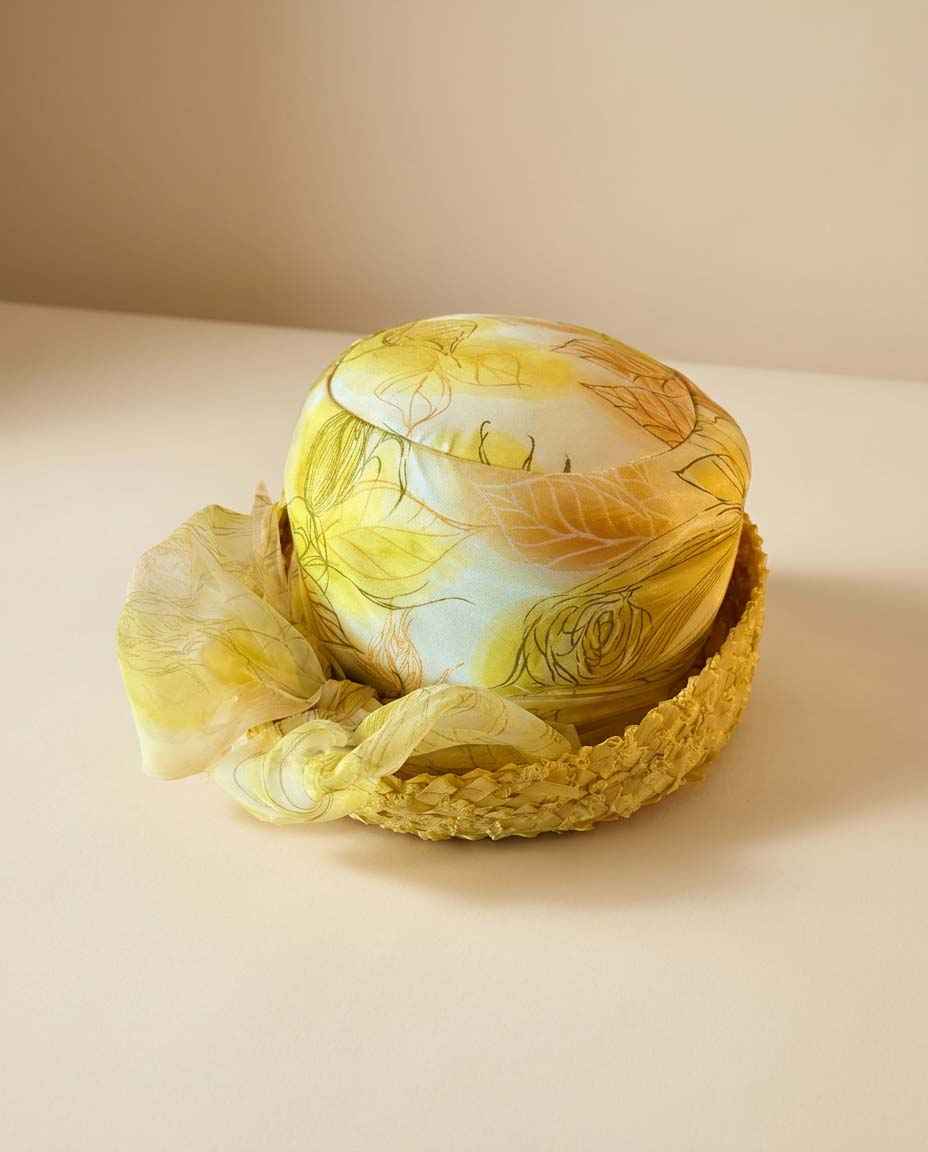 Late 1950s Yellow Floral Cocktail Hat, Union Made Vintage Hat, Brimmed Cocktail Hat, Mid Century Spring Hat, Yellow Floral Millinery
