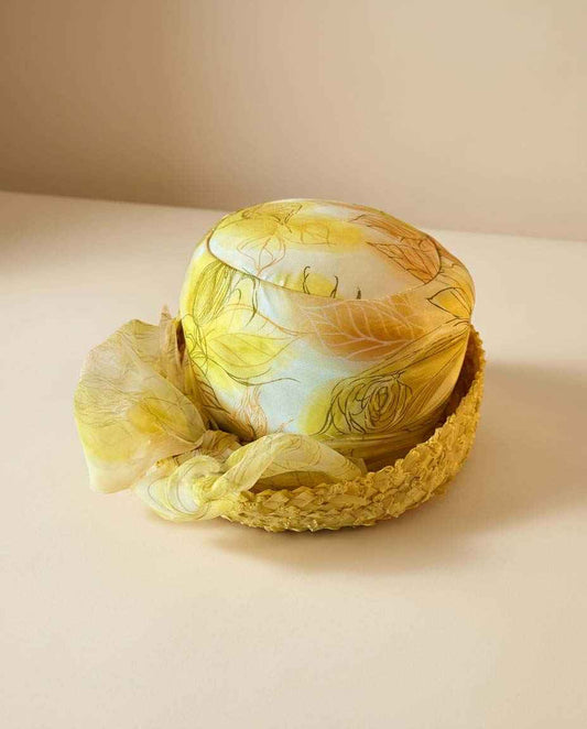 Late 1950s Yellow Floral Cocktail Hat, Union Made Vintage Hat, Brimmed Cocktail Hat, Mid Century Spring Hat, Yellow Floral Millinery