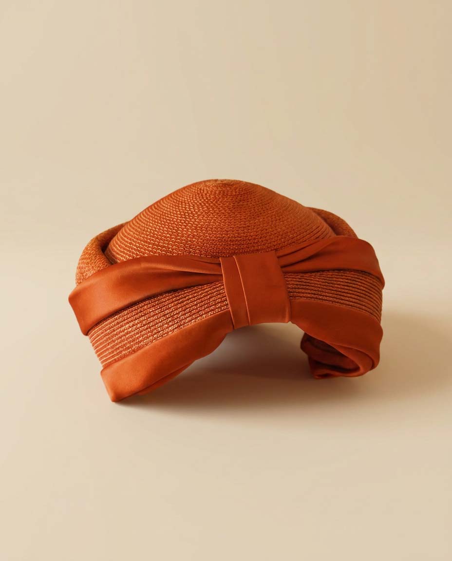 Vintage Maison Blanche Breton Cocktail Hat, 1960s Persimmon Red Straw Hat, Satin Bow Dress Hat, Mid Century Women's Church Hat