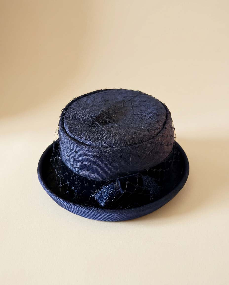 Vintage 1960s Navy Blue Breton Cocktail Hat, Formal Church Hat with Veil, Mid Century Women's Dress Hat, Vintage Millinery