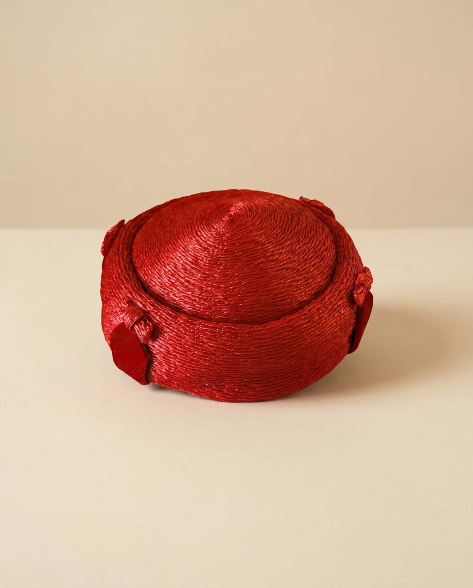 Vintage Christie Original Red Straw Pillbox Hat, 1960s Red Cocktail Hat, Sculptural Mid Century Millinery, Designer Women's Hat