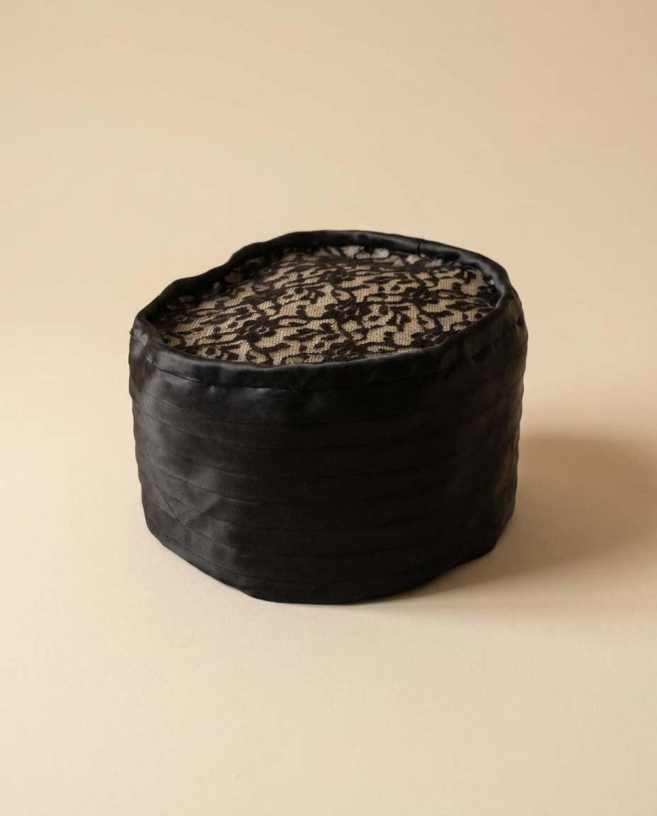 Vintage Black Satin Drum Cocktail Hat, 1950s Evening Hat with Lace Crown, Mid Century Formal Millinery, Women's Dress Hat