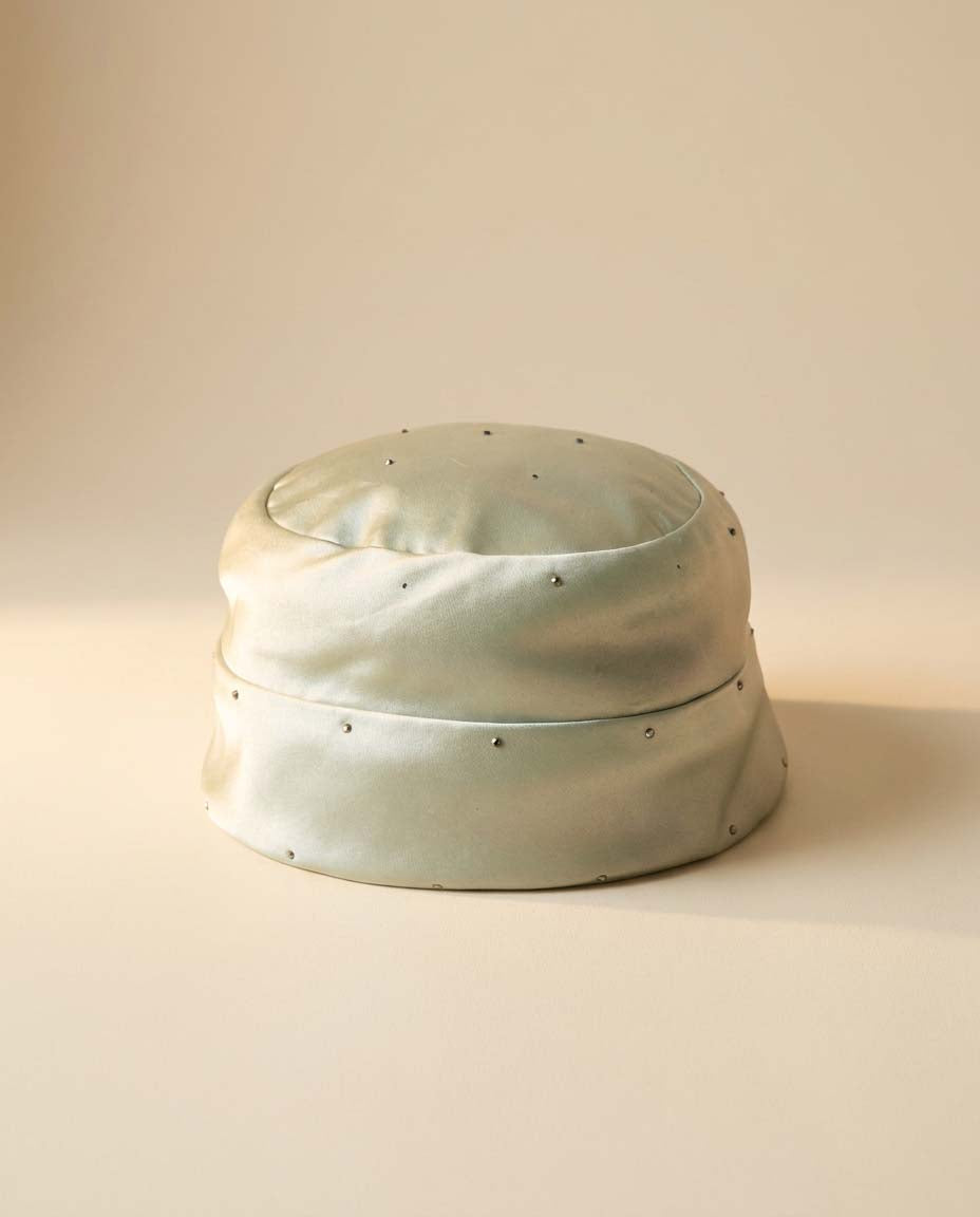 Vintage Mr. John Champagne Silver Satin Pillbox Hat, 1960s Designer Cocktail Hat, Rhinestone Studded Satin Hat, Elegant Women's Millinery