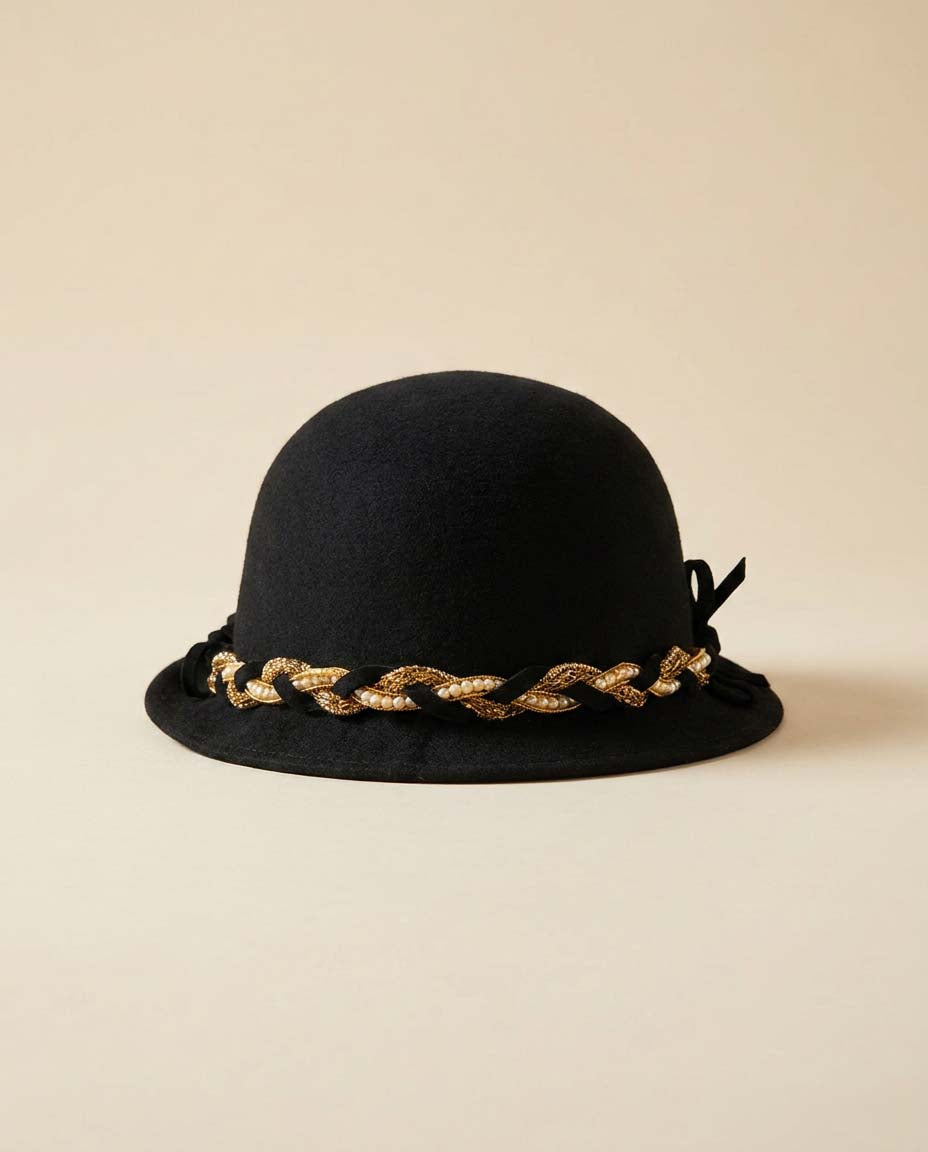 Vintage Glenover Black Wool Cloche Hat, Gold Pearl Trim Hat, 1960s Mod Bowler Hat, Women's Vintage Felt Hat, Derby Church Hat