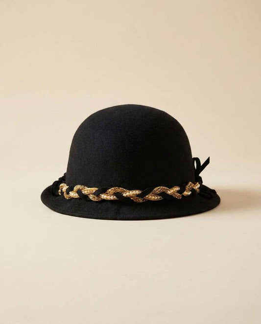 Vintage Glenover Black Wool Cloche Hat, Gold Pearl Trim Hat, 1960s Mod Bowler Hat, Women's Vintage Felt Hat, Derby Church Hat