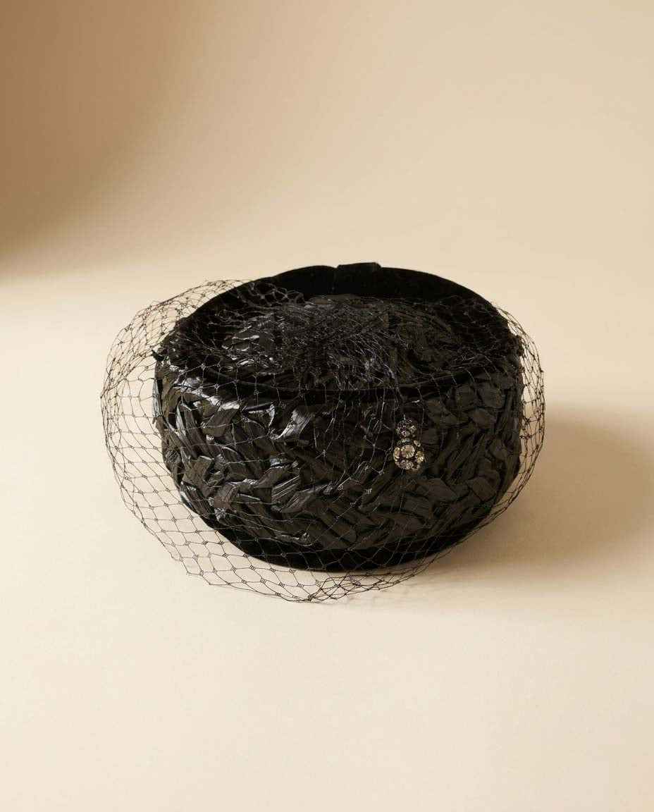 Vintage Gage Black Raffia Pillbox Hat | 1960s Veiled Cocktail Hat | Birdcage Veil | Rhinestone Hat | Mid Century Women's Millinery