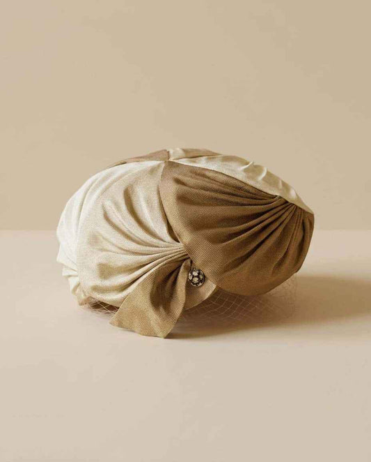 Vintage Norman Durand Original Champagne Taupe Cocktail Hat | 1960s Draped Turban Hat | Birdcage Veil Wedding Fascinator | Mid Century Designer Millinery