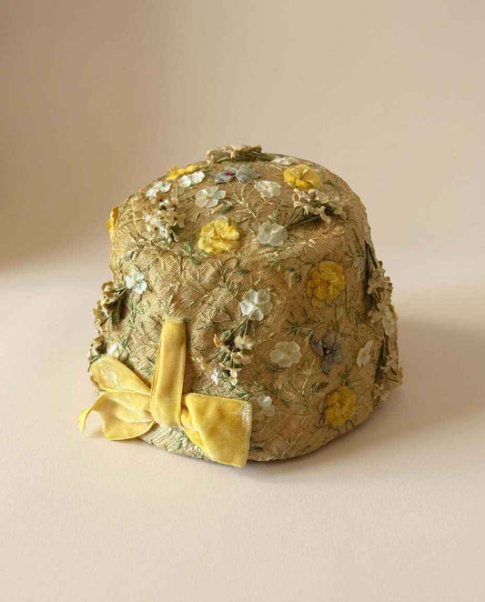 Vintage AMY New York Floral Bucket Hat | 1950s Embroidered Spring Hat | Yellow Velvet Bow | Floral Millinery | Mid Century Garden Party Hat