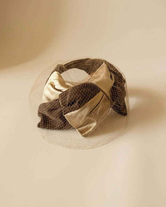 Vintage Norman-Paulvin New York Hat | 1950s Draped Cocktail Hat | Brown Champagne Satin Fascinator | Veiled Designer Millinery | Vintage Cocktail Hat