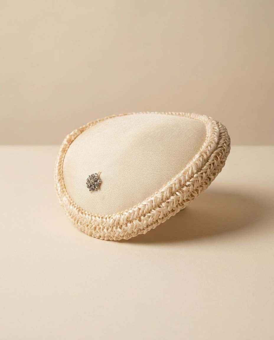 Vintage Ivory Half Hat | 1960s Bridal Juliet Cap Hat | Satin Wedding Hat with Woven Trim | Mid Century Cocktail Hat | Vintage Bridal Headpiece