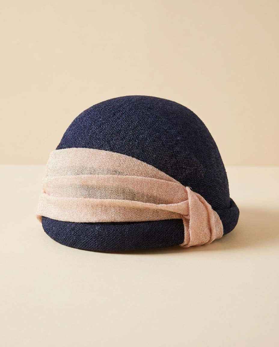 Vintage Navy Blue Straw Cloche Hat | 1960s Navy &amp; Blush Pink Summer Hat | Mid Century Women's Millinery