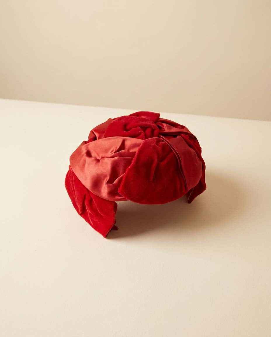 Vintage Red Velvet Satin Cocktail Hat | 1950s Draped Evening Hat | Ruby Red Statement Hat | Mid Century Millinery