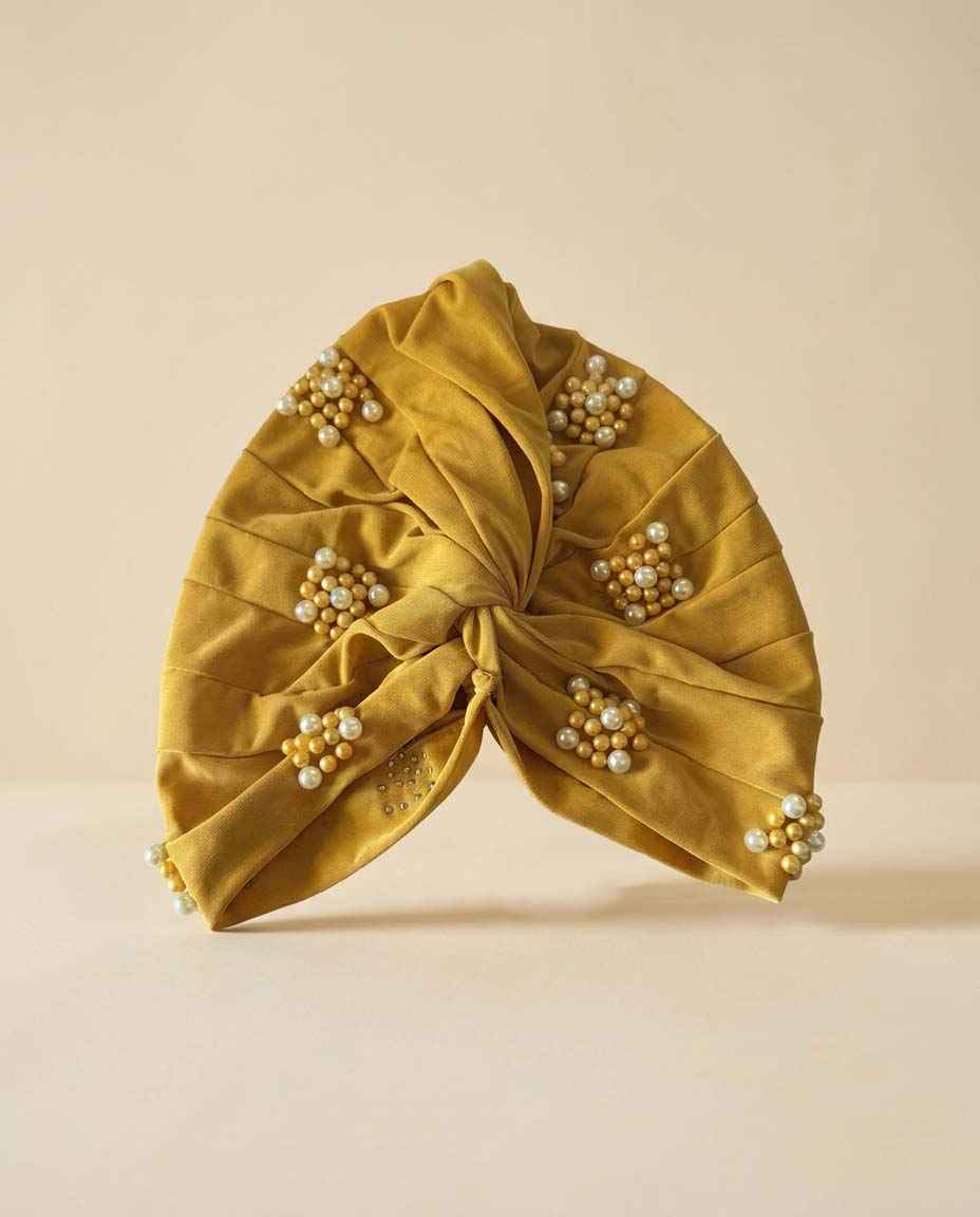 Vintage Mustard Gold Turban Hat | 1960s Pearl Cocktail Hat | Draped Turban | Gold Beaded Vintage Hat | Mid Century Millinery