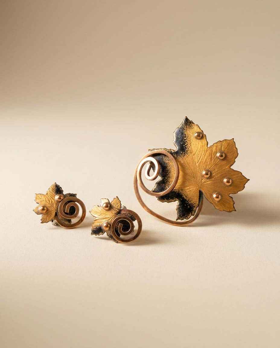 Vintage Matisse Renoir Copper Leaf Brooch & Clip Earrings Set | Mid Century Modern Jewelry | Enamel Maple Leaf Demi Parure | Signed