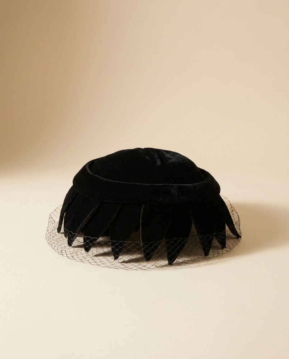Vintage Black Velvet Veiled Pillbox Hat | 1950s Cocktail Hat | Mid Century Velvet Hat | Birdcage Veil | Rhinestone Accent | Vintage Millinery