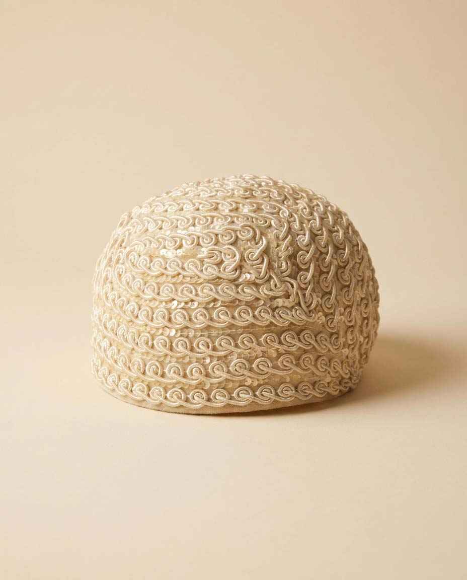 Vintage 1960s Ivory Bridal Half Hat | Veil Ready Beaded Wedding Headpiece | Soutache Sequined Cocktail Hat | Mid Century Bride | Vintage Bridal Hat