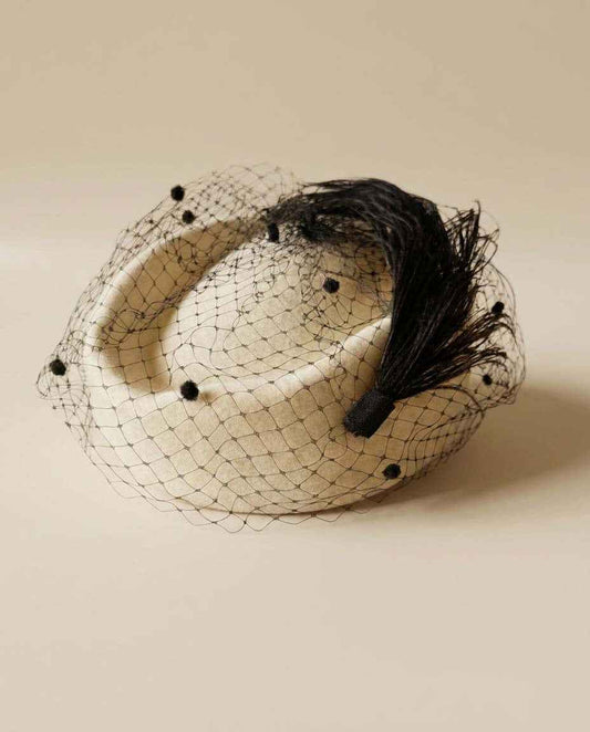 Vintage 1950s Ivory Felt Cocktail Hat | Black Birdcage Veil | Georgi New York Fascinator | Mid Century Hat