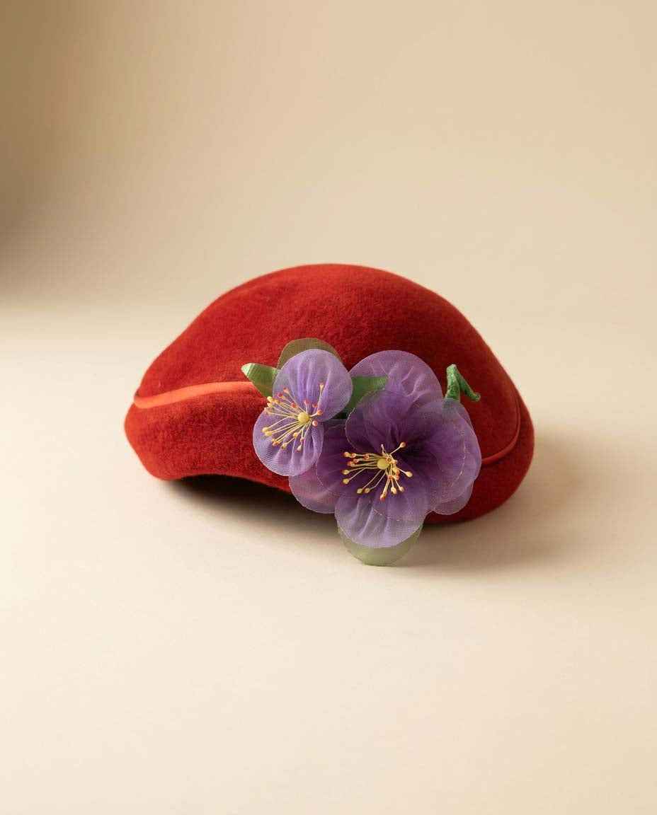 Vintage Red Felt Pillbox Hat with Purple Flowers | 1960s Wool Felt Hat | Floral Cocktail Hat | Mid Century Millinery | Holiday Hat