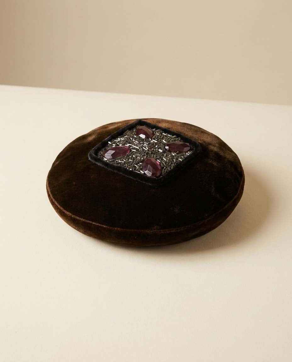 Vintage Brown Velvet Pillbox Hat | Rhinestone & Purple Jewel Cocktail Hat | 1950s Velvet Fascinator | Mid Century Evening Hat | Classic Millinery