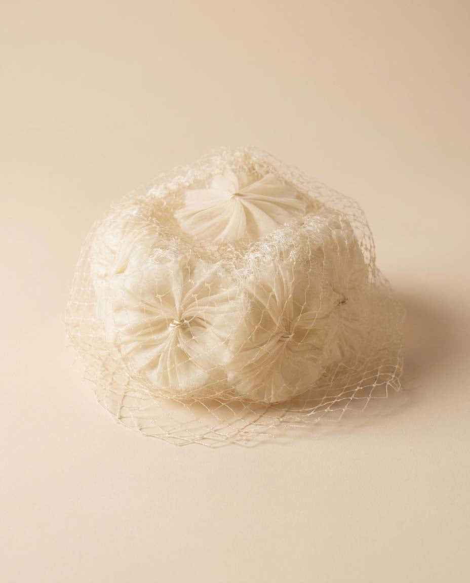 Vintage Ivory Bridal Hat Birdcage Veil Wedding Fascinator Satin Rosettes Mid Century Cocktail Hat 1950s 1960s Bride Reception Hat