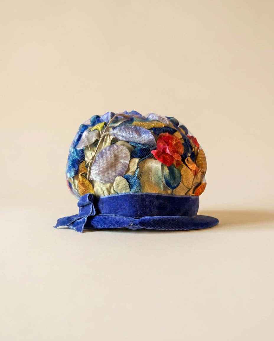 Vintage Blue Velvet Floral Cocktail Hat | 1950s Flower Hat | Blue Velvet Brim Hat | Mid Century Floral Millinery | Garden Party Hat