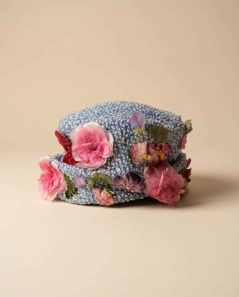 Vintage Leslie James Floral Hat Blue Tweed Bucket Hat Pink Flower Hat 1960s Designer Garden Party Easter Derby Hat