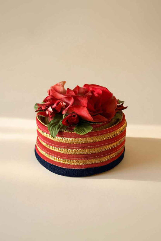 Vintage Joan Bryant Los Angeles Straw Pillbox Hat | Red Rose Floral Cocktail Hat | 1960s Floral Millinery | Garden Party Hat