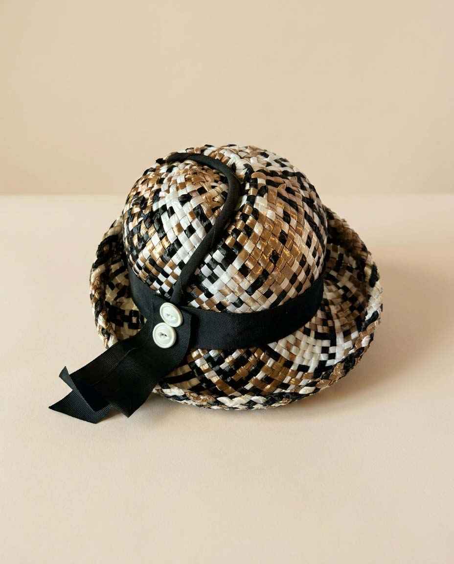 Vintage 1950s Woven Straw Hat | Black Ivory Tan Basket Weave | Mid Century Summer Hat | Women's Vintage Hat