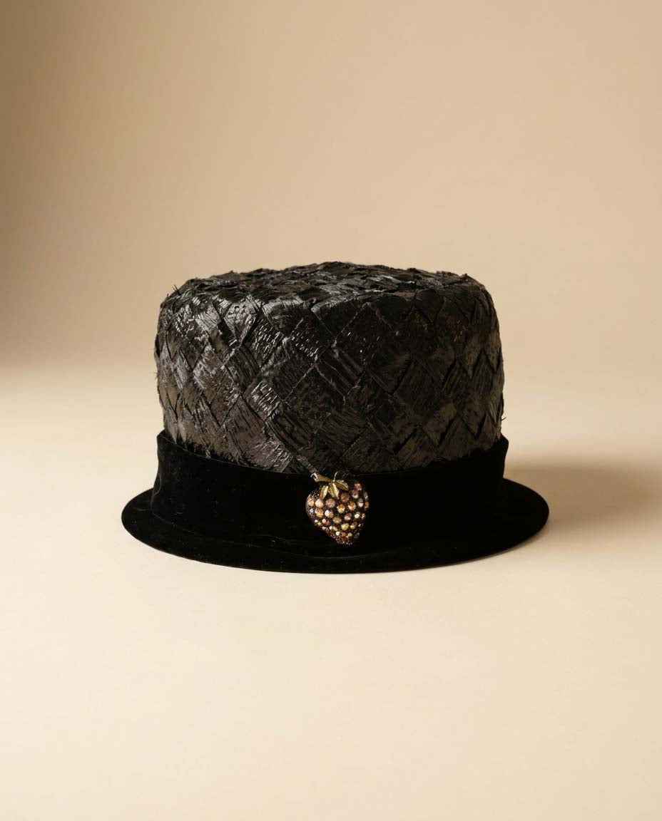 Vintage Black Top Hat Style Cocktail Hat | 1960s Black Straw Hat with Velvet Brim & Rhinestone Strawberry Brooch
