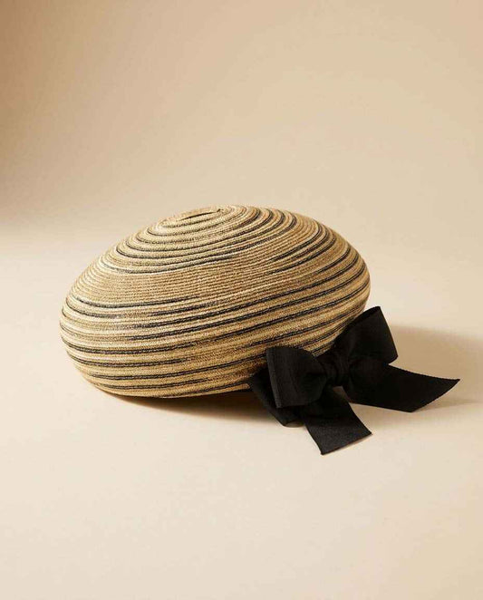 Vintage 1960s Straw Bubble Toque Hat | Beige Black Breton Stripe Hat | Cocktail Hat | Mid Century Millinery