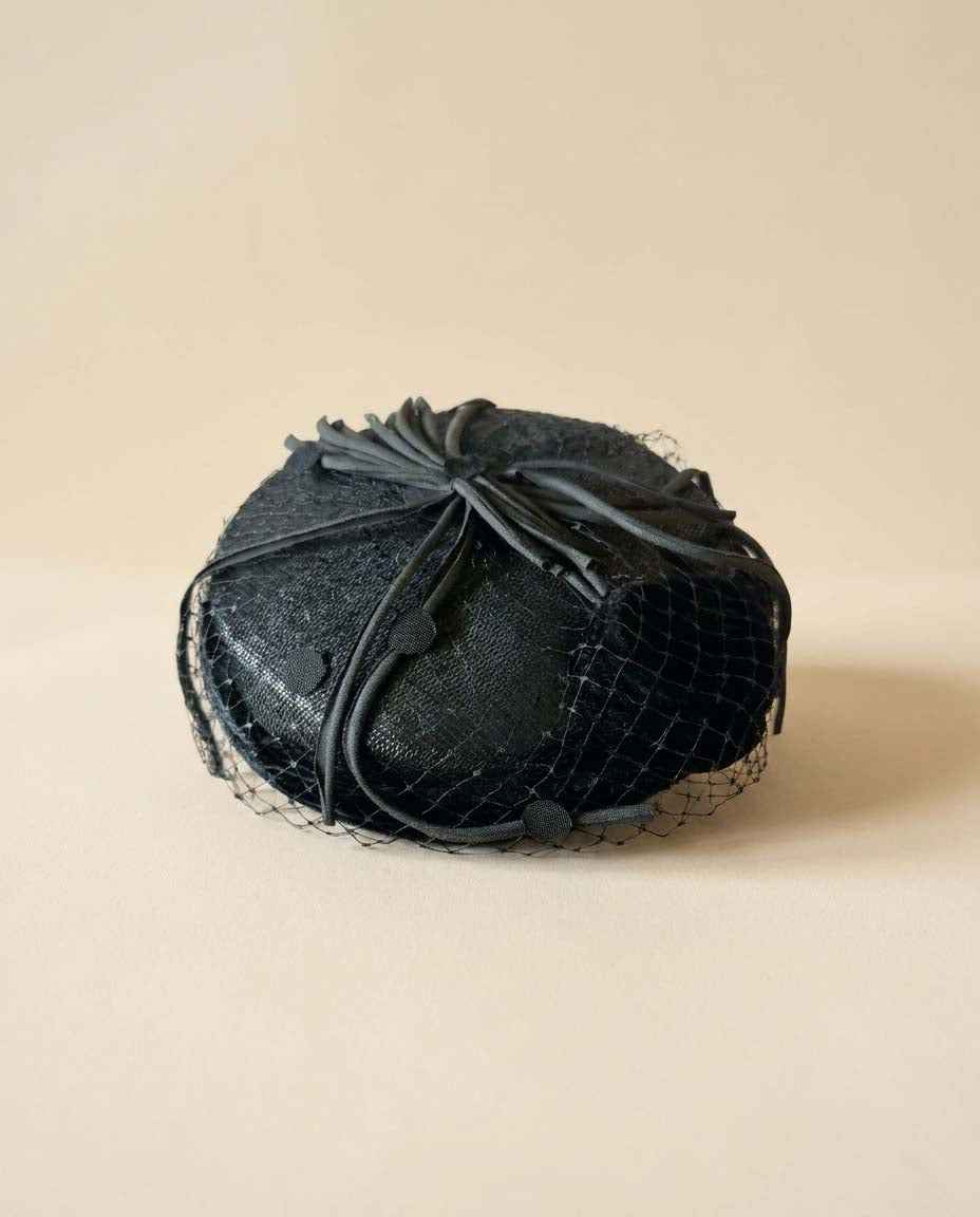 Vintage Black Veiled Cocktail Hat | 1950s Black Velvet Fascinator with Birdcage Veil | Elegant Mid Century Millinery