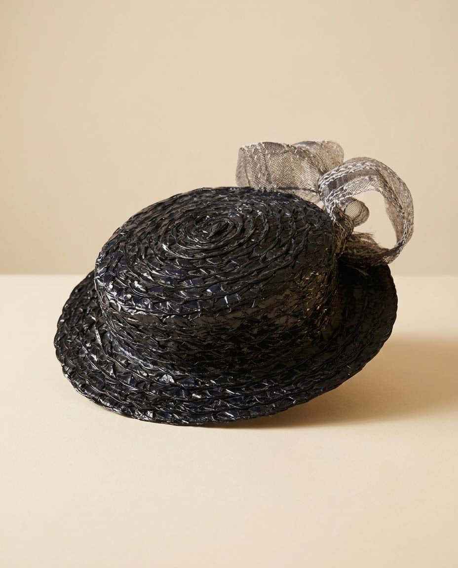 Vintage 1940s Inky Blue Black Tilt Hat | Woven Straw Cocktail Hat with Bun Strap | Sculptural Women's Millinery