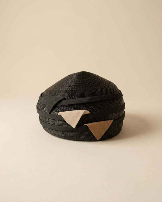 Vintage 1960s Black Straw Pillbox Hat | Mod Cocktail Hat | Geometric Ribbon Trim | Mid Century Millinery
