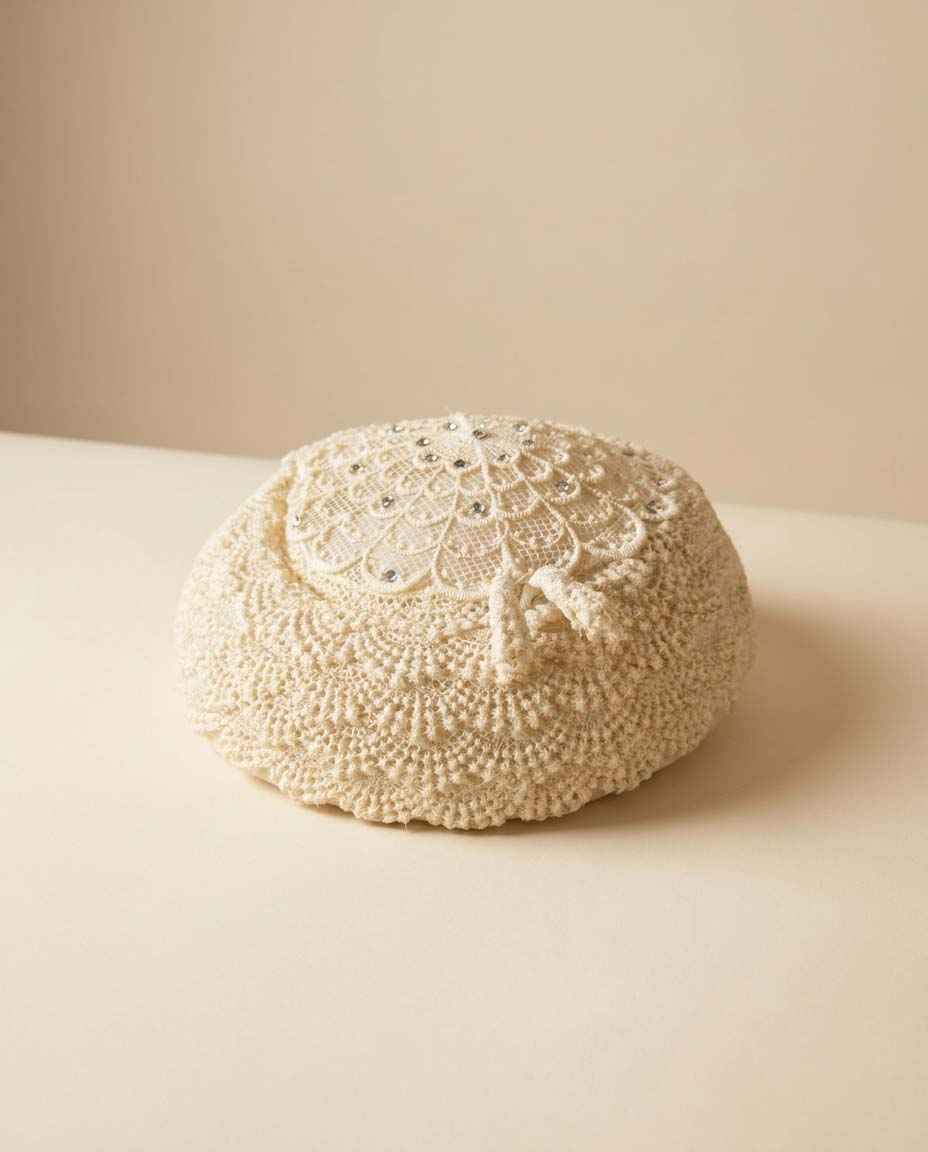 Vintage 1950s Ivory Bridal Hat | Hand Crocheted Lace Wedding Hat | Rhinestone Accents | Vintage Bridal Millinery