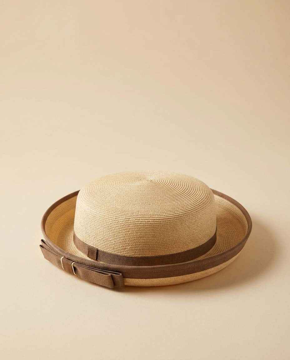 Vintage Ivory Straw Boater Hat Taupe Grosgrain Bow Mid Century Skimmer Hat Summer Straw Hat 1950s 1960s Women's Millinery