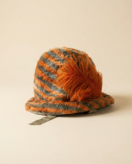 Vintage 1920s Cloche Hat | Orange & Gray Striped Faux Fur Hat | Art Deco Winter Hat | Flapper Style Cloche | Statement Vintage Millinery