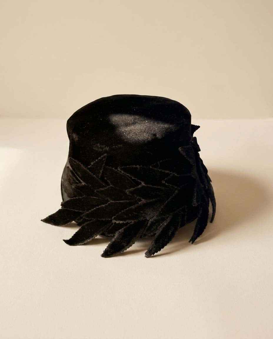 Vintage Black Velvet Bucket Hat | 1960s Feather Trim Cocktail Hat | Classic Women's Formal Hat | Audrey Hepburn Style | Mid Century Millinery