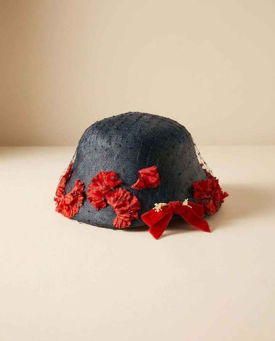Vintage Marche Exclusive Navy Blue Cloche Hat | Red Floral Trim | 1960s Cocktail Hat | Church Hat | Women's Vintage Hat