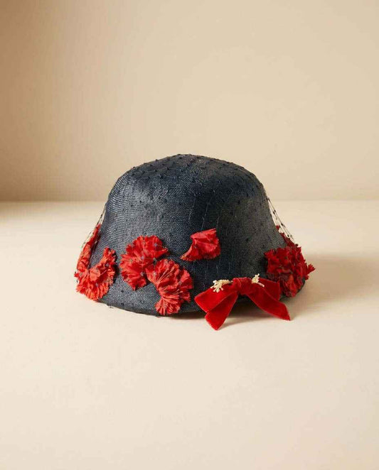 Vintage Marche Exclusive Navy Blue Cloche Hat | Red Floral Trim | 1960s Cocktail Hat | Church Hat | Women's Vintage Hat